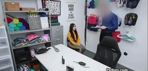  Raven haired thief gets on cock at the backoffice